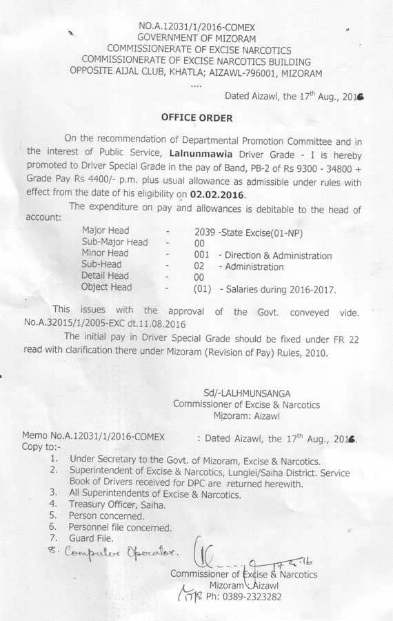 Promotion Order of Lalnunmawia Driver Gr I to Special Grade